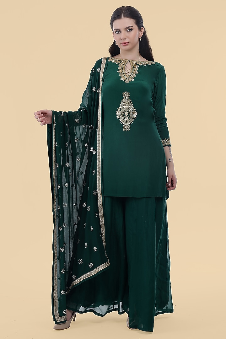 Dark Green Organza Party Wear Sharara Set by Milu Madan at Pernia's Pop Up Shop