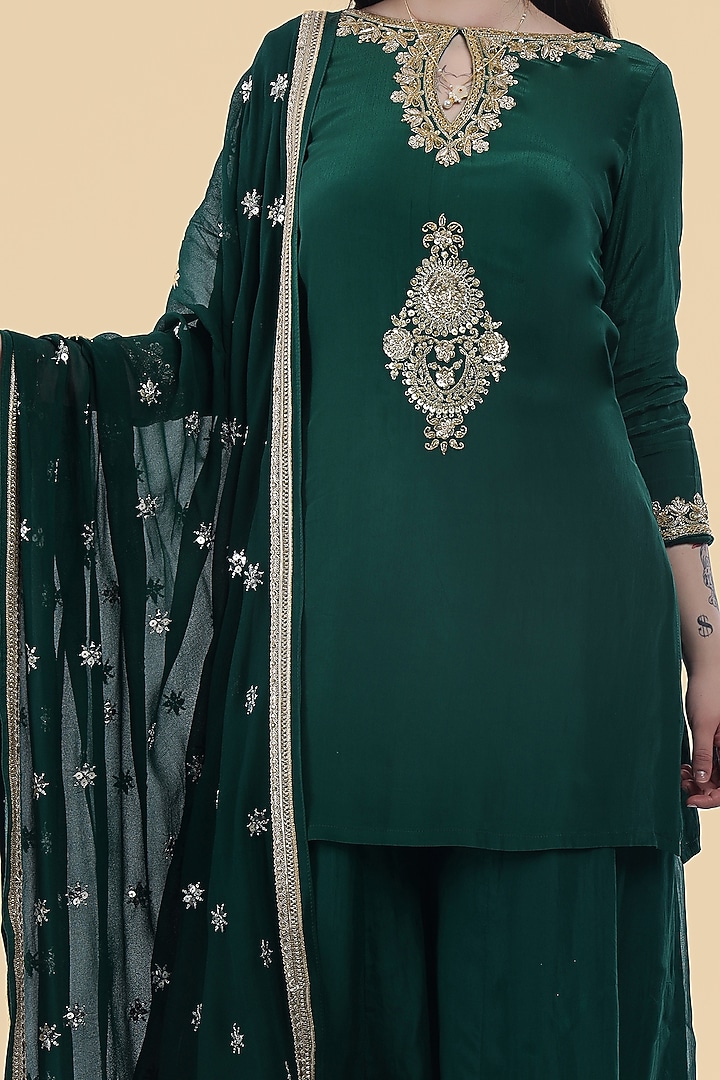 Dark Green Organza Party Wear Sharara Set by Milu Madan at Pernia's Pop Up Shop