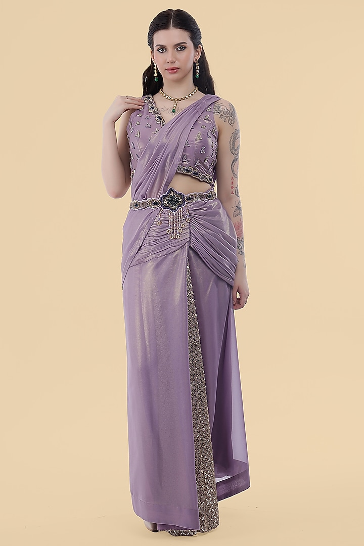 Mauve Georgette Draped Party Wear Saree Set by Milu Madan at Pernia's Pop Up Shop
