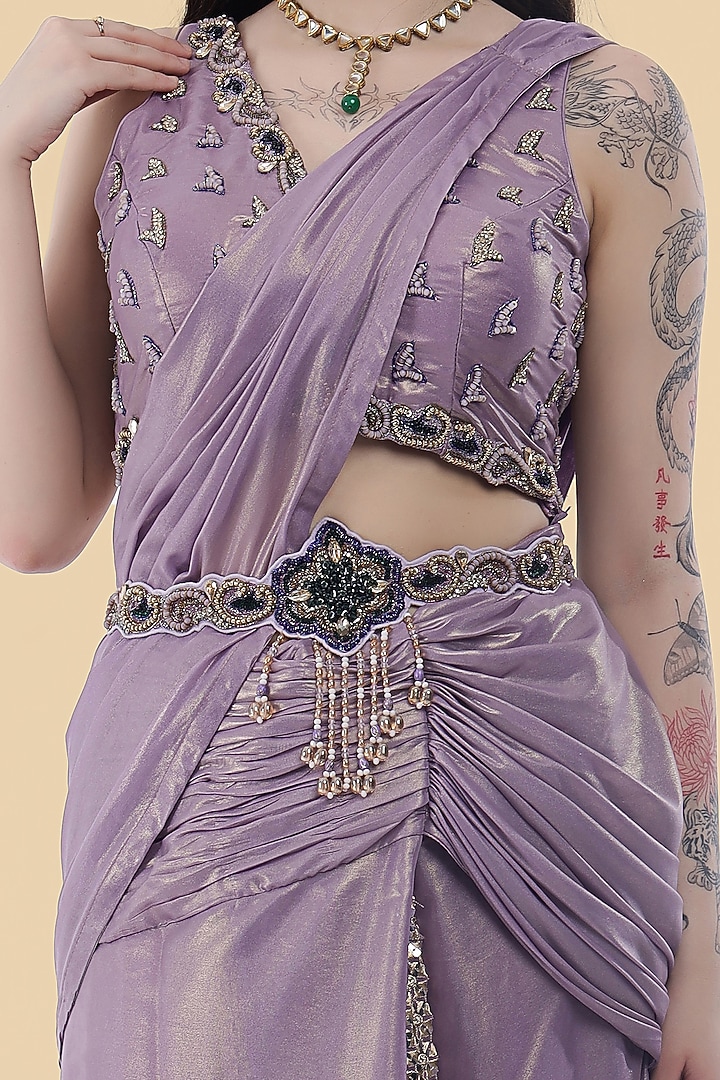 Mauve Georgette Draped Party Wear Saree Set by Milu Madan at Pernia's Pop Up Shop