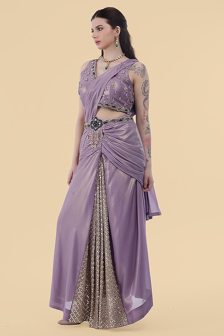Mauve Georgette Draped Party Wear Saree Set by Milu Madan at Pernia's Pop Up Shop