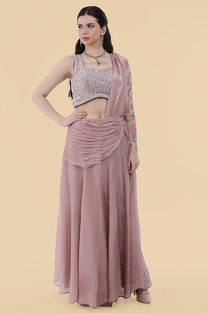 Onion Pink Crepe Draped Skirt Set by Milu Madan at Pernia's Pop Up Shop