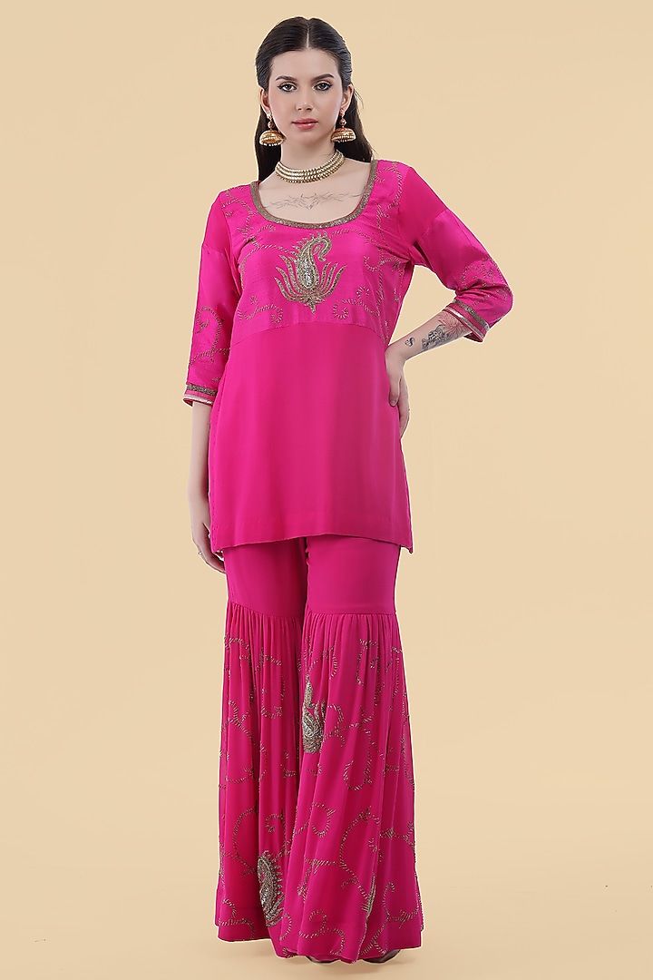 Hot Pink Georgette Cutdana Work Cape Set by Milu Madan at Pernia's Pop Up Shop