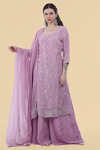 Lavender Crepe Sharara Set by Milu Madan