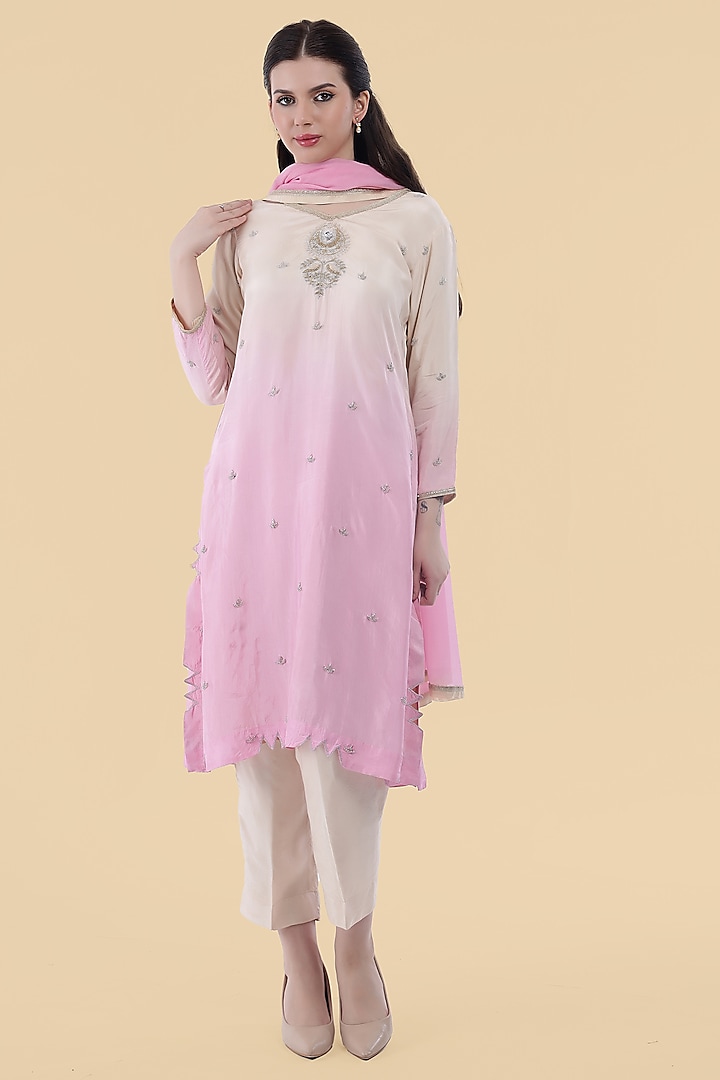 Cream & Pink Ombre Silk Embroidered Kurta Set by Milu Madan at Pernia's Pop Up Shop