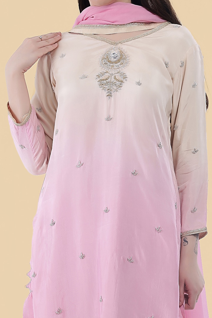 Cream & Pink Ombre Silk Embroidered Kurta Set by Milu Madan at Pernia's Pop Up Shop