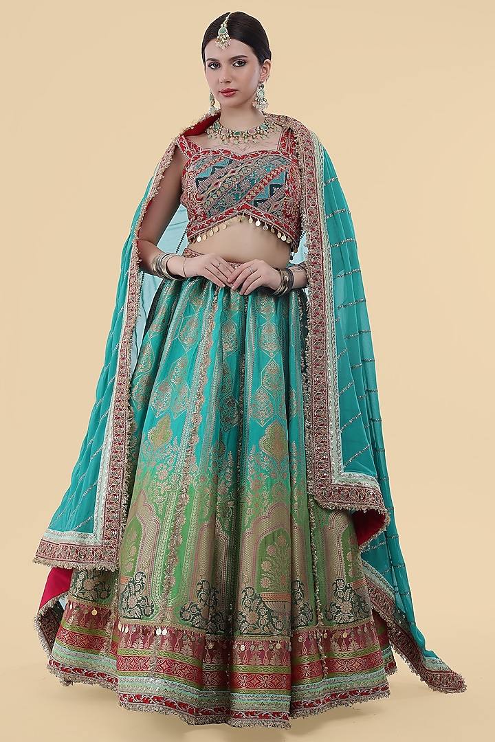 Green Banarasi Silk Kiran Embellished Wedding Lehenga Set by Milu Madan at Pernia's Pop Up Shop