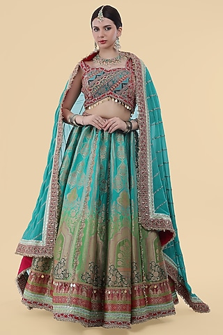 Green Banarasi Silk Kiran Embellished Lehenga Set by Milu Madan