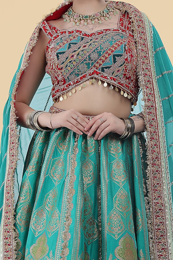 Green Banarasi Silk Kiran Embellished Wedding Lehenga Set by Milu Madan at Pernia's Pop Up Shop
