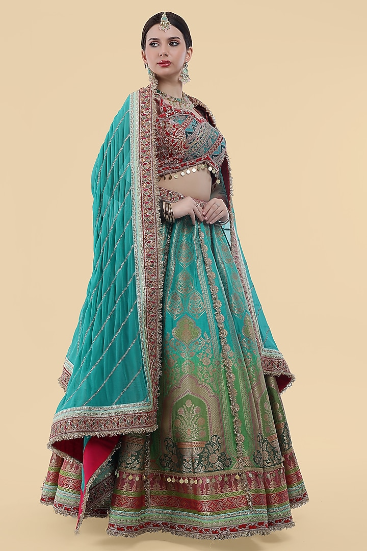 Green Banarasi Silk Kiran Embellished Wedding Lehenga Set by Milu Madan at Pernia's Pop Up Shop