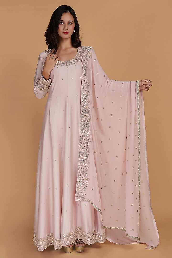 Light Pink Katan Silk Cutdana Embroidered Party Wear Anarkali Set by Milu Madan at Pernia's Pop Up Shop