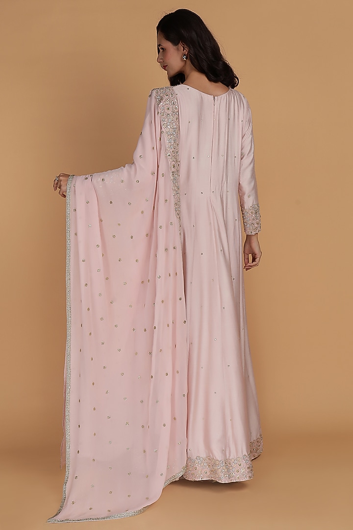 Light Pink Katan Silk Cutdana Embroidered Party Wear Anarkali Set by Milu Madan at Pernia's Pop Up Shop