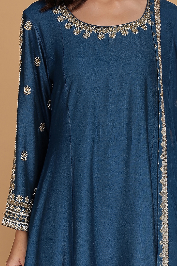 Persian Blue Katan Silk Embroidered Kurta Set by Milu Madan at Pernia's Pop Up Shop