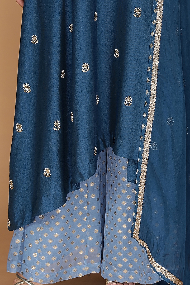 Persian Blue Katan Silk Embroidered Kurta Set by Milu Madan at Pernia's Pop Up Shop