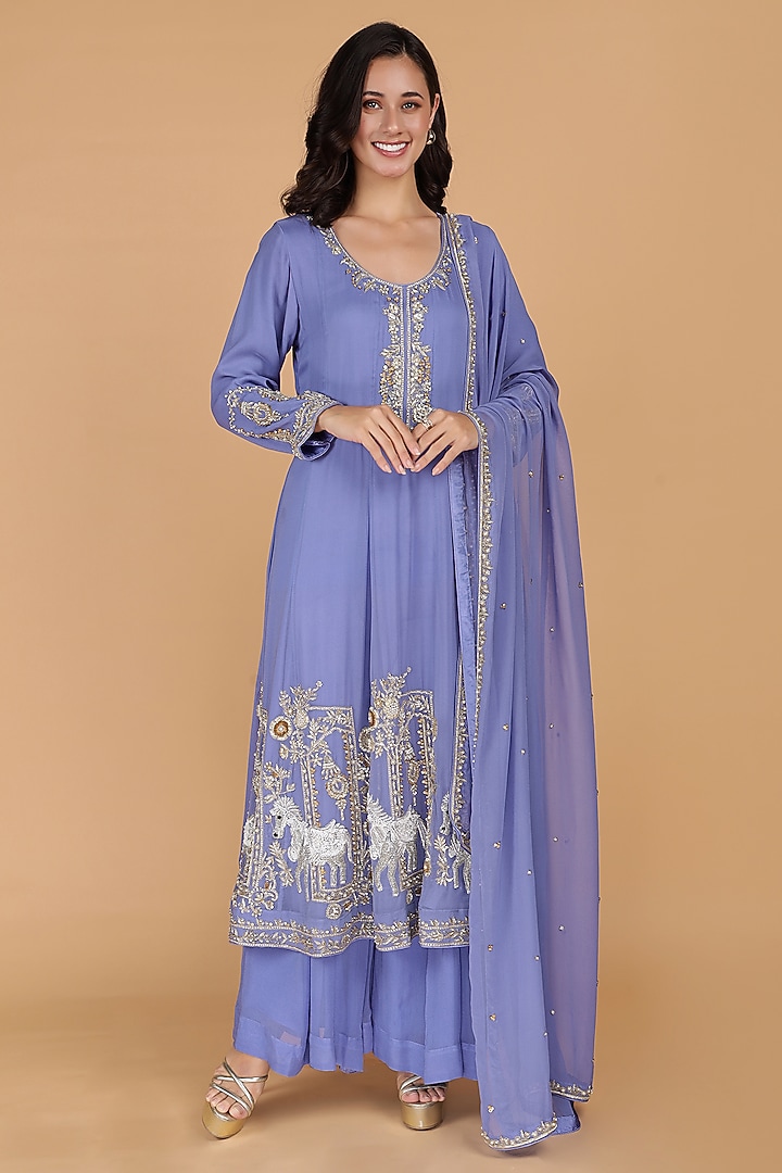 Purple Georgette Hand Embroidered Wedding Anarkali Set by Milu Madan at Pernia's Pop Up Shop