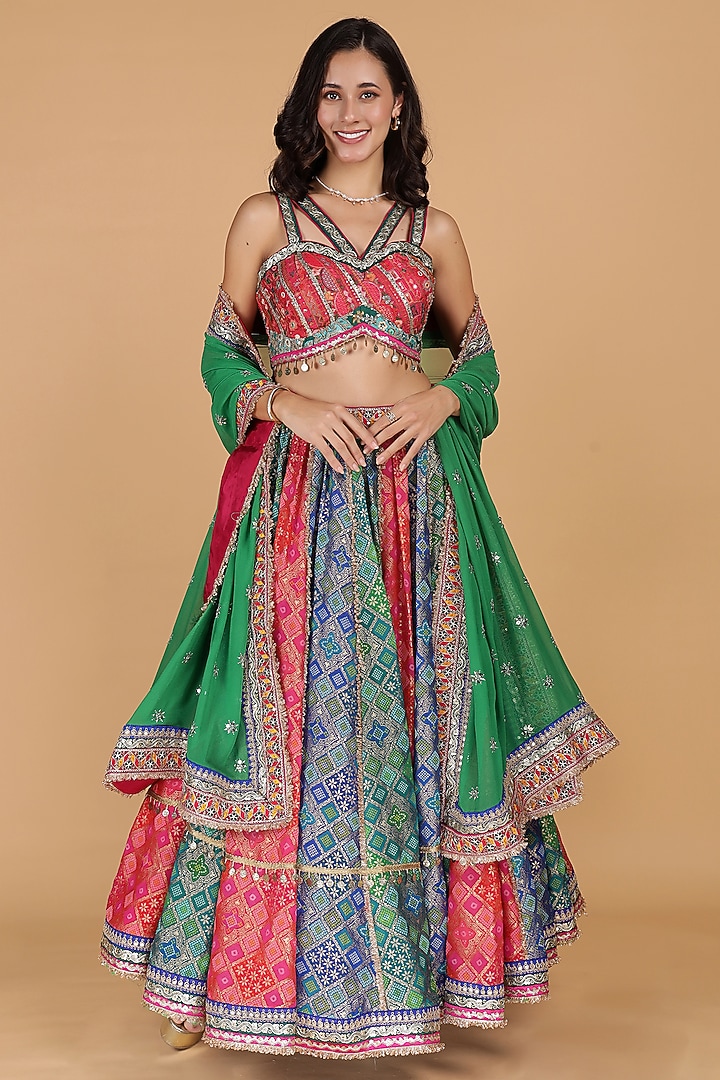 Multi-Colored Georgette Brocade Wedding Lehenga Set by Milu Madan at Pernia's Pop Up Shop