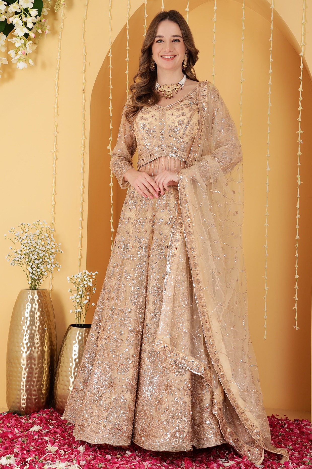 Milu Madan Light Beige Double Net Cutdana Hand Embroidered Lehenga Set