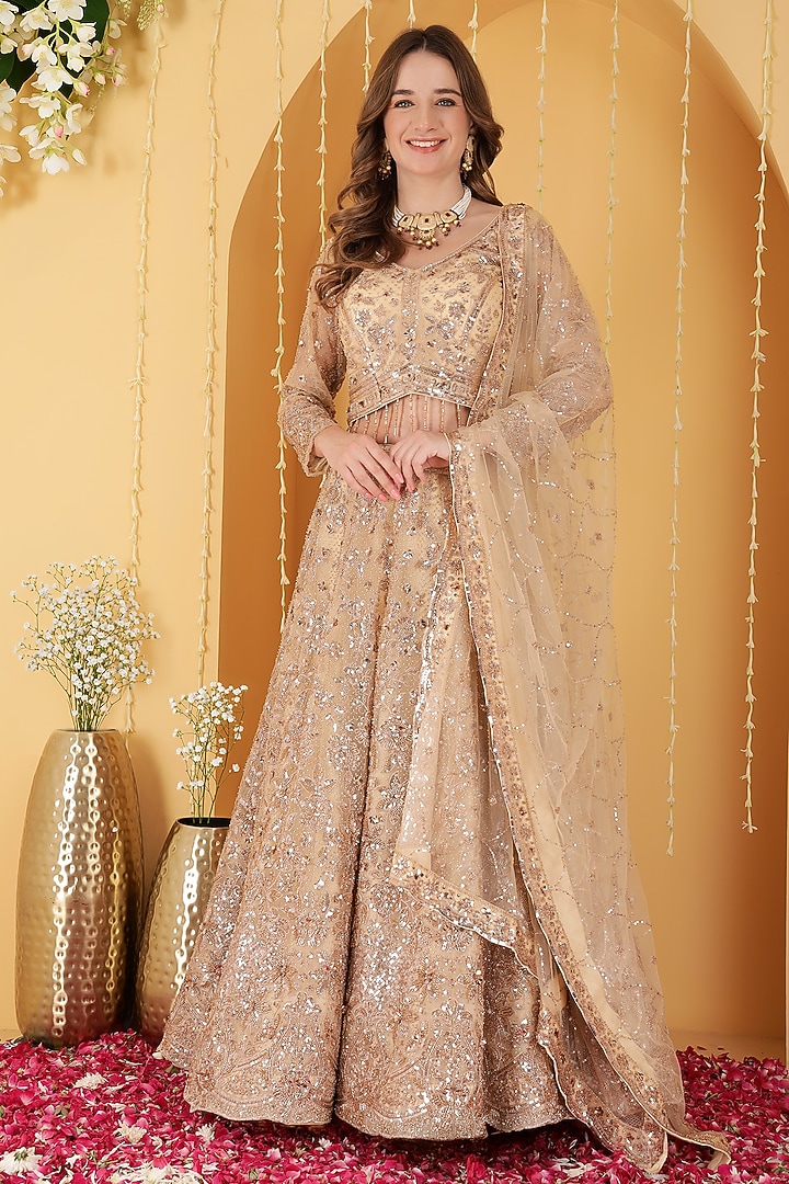 Light Beige Double Net Cutdana Hand Embroidered Wedding Lehenga Set by Milu Madan at Pernia's Pop Up Shop