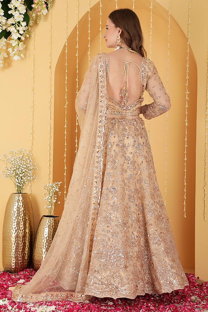 Light Beige Double Net Cutdana Hand Embroidered Wedding Lehenga Set by Milu Madan at Pernia's Pop Up Shop