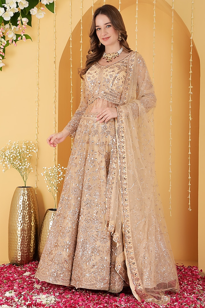Light Beige Double Net Cutdana Hand Embroidered Wedding Lehenga Set by Milu Madan at Pernia's Pop Up Shop