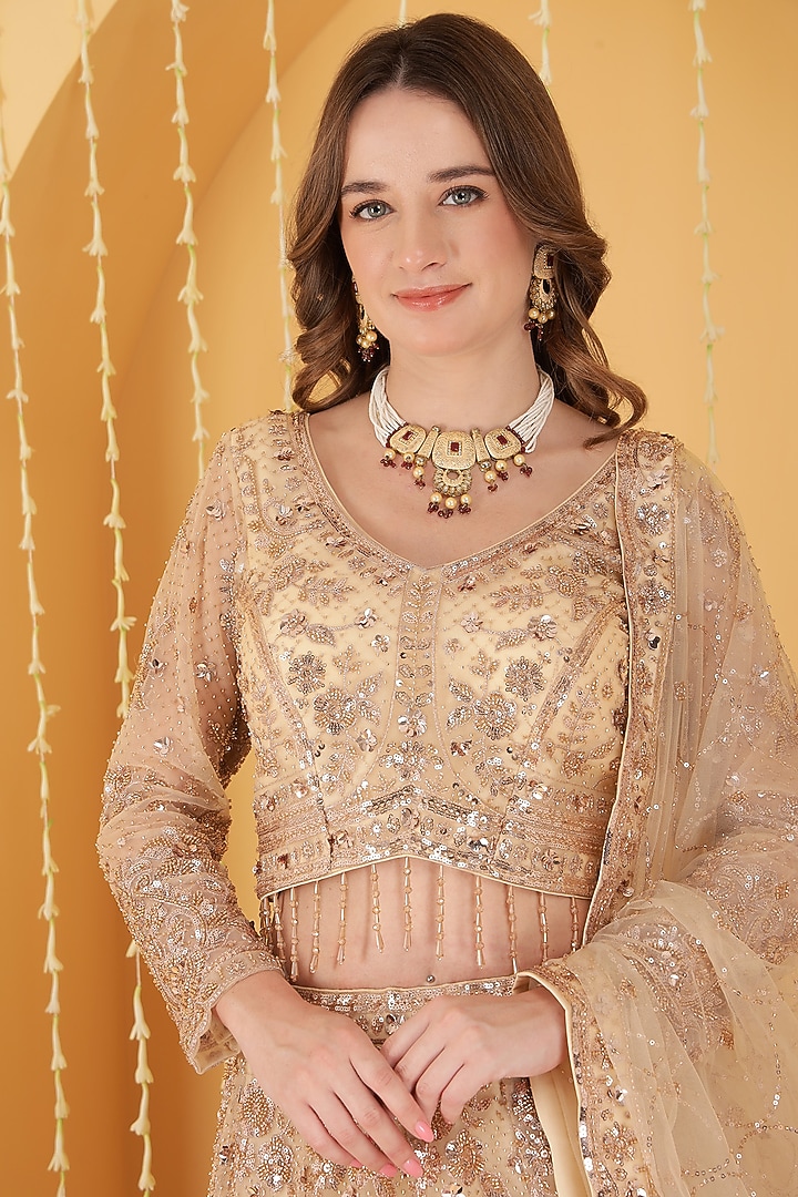 Light Beige Double Net Cutdana Hand Embroidered Wedding Lehenga Set by Milu Madan at Pernia's Pop Up Shop