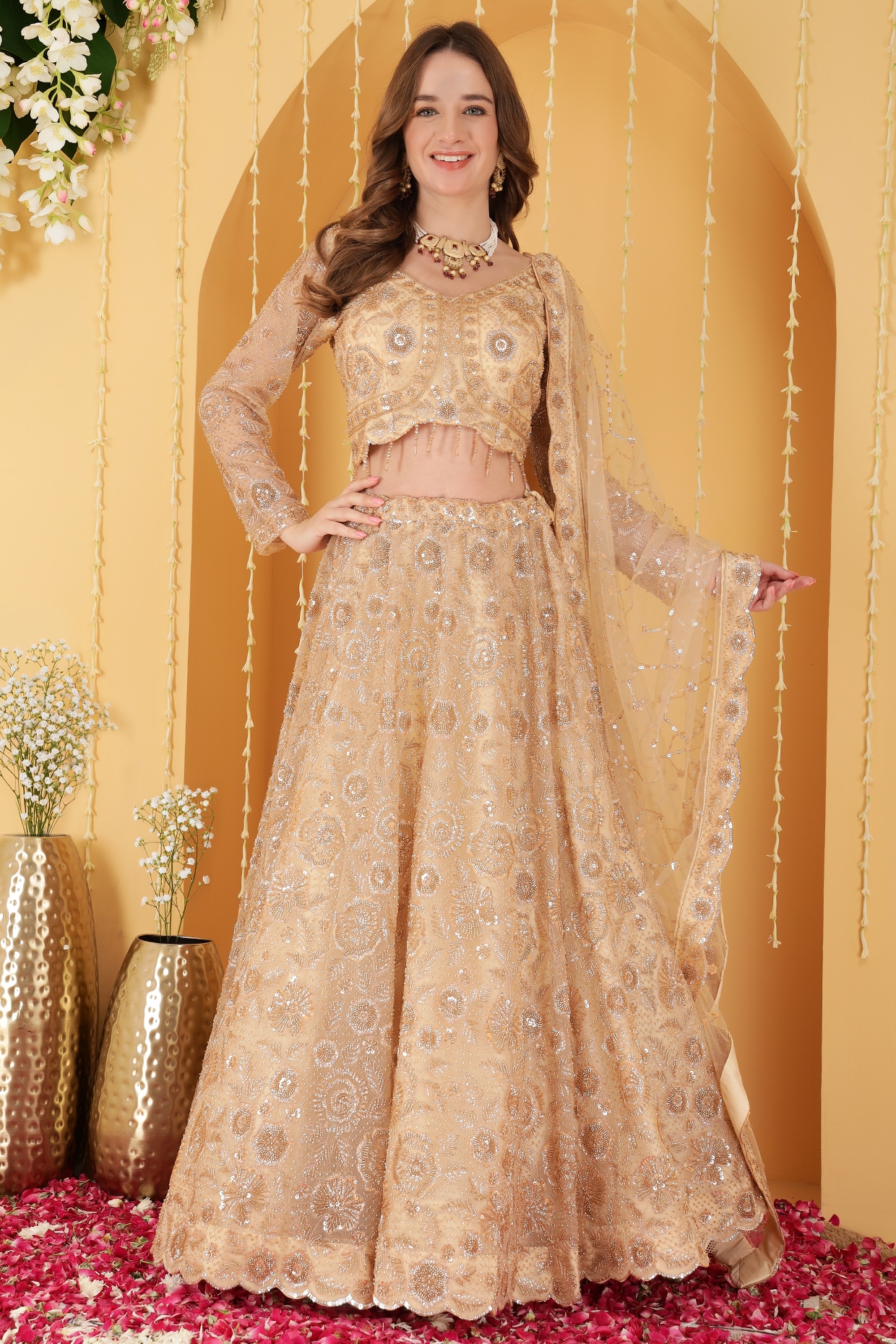 Milu Madan Gold Double Net Zari Hand Embroidered Lehenga Set