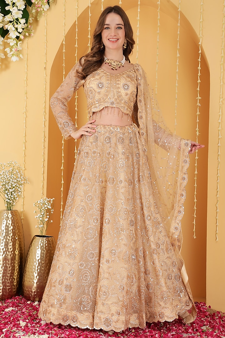 Gold Double Net Zari Hand Embroidered Wedding Lehenga Set by Milu Madan at Pernia's Pop Up Shop