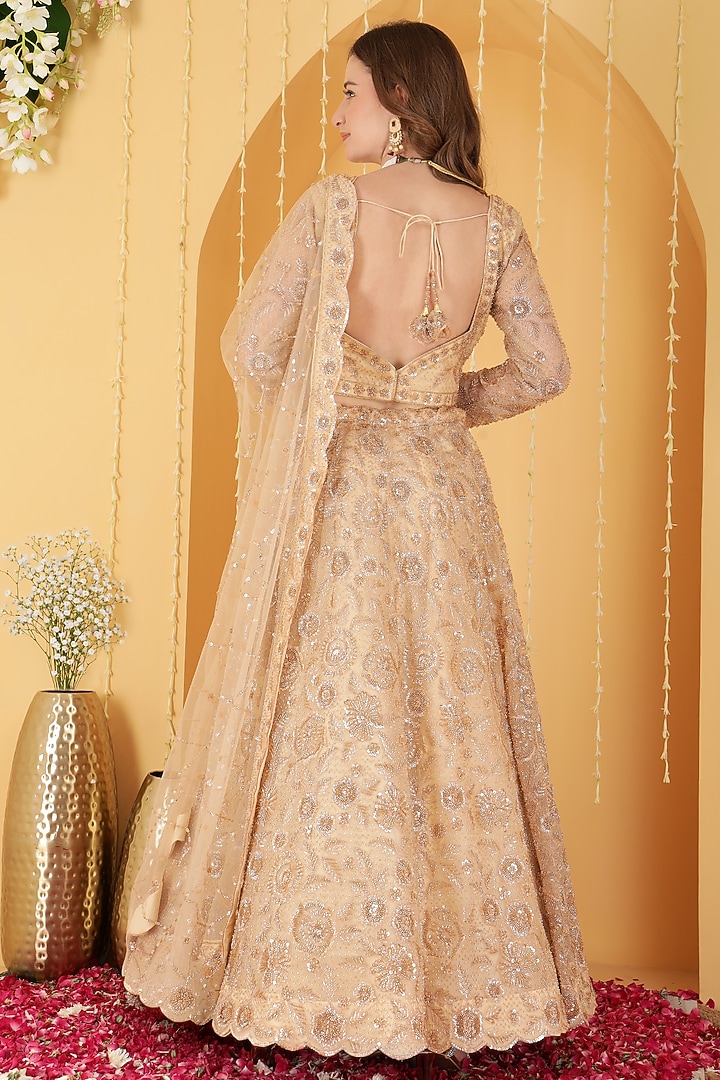 Gold Double Net Zari Hand Embroidered Wedding Lehenga Set by Milu Madan at Pernia's Pop Up Shop