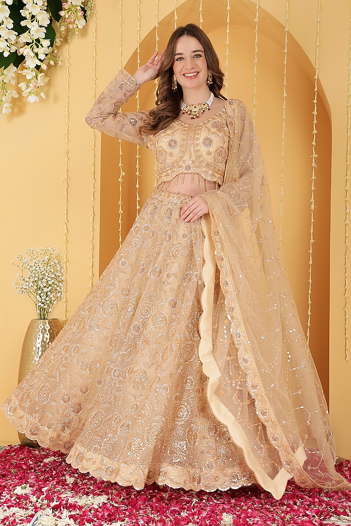 Gold Double Net Zari Hand Embroidered Wedding Lehenga Set by Milu Madan at Pernia's Pop Up Shop