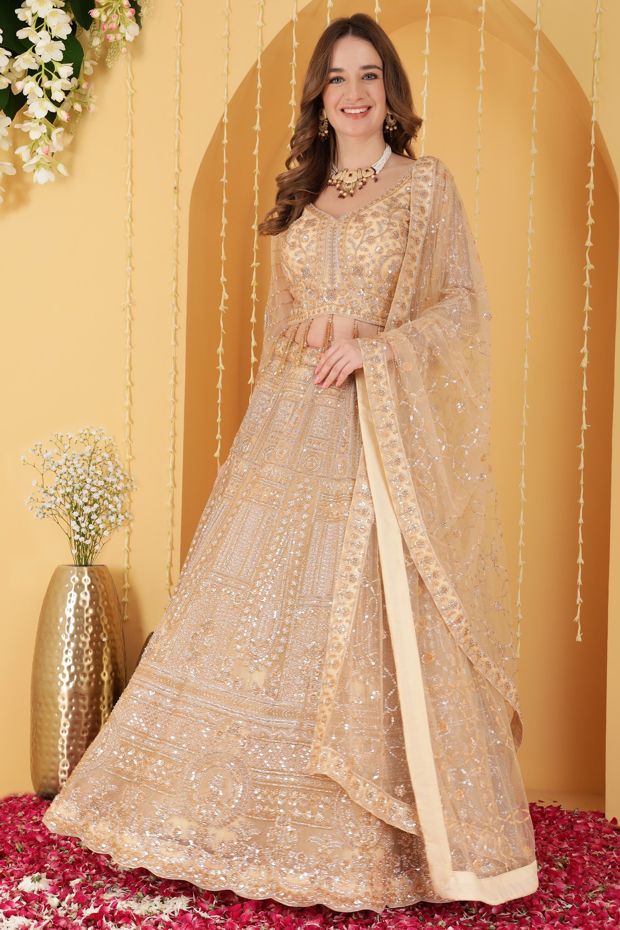 Milu Madan Beige Double Net Sequin Hand Embroidered Lehenga Set