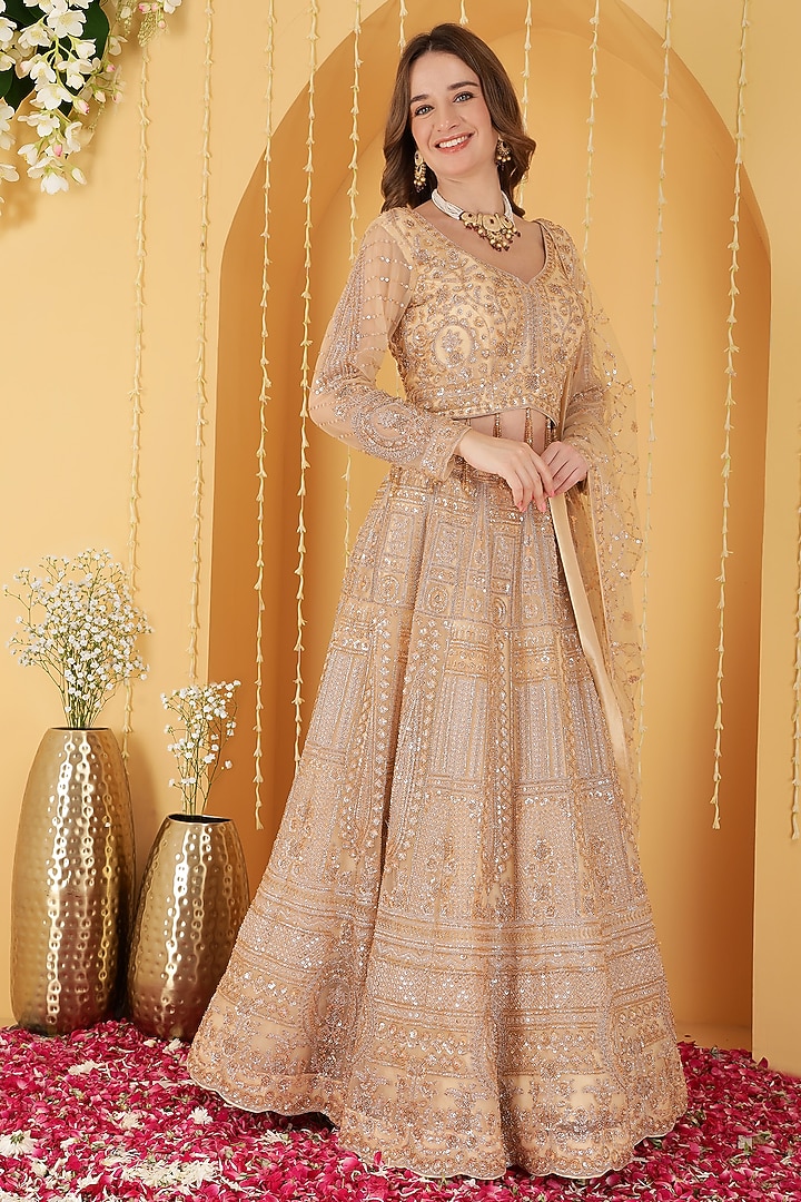 Beige Double Net Sequin Hand Embroidered Wedding Lehenga Set by Milu Madan at Pernia's Pop Up Shop