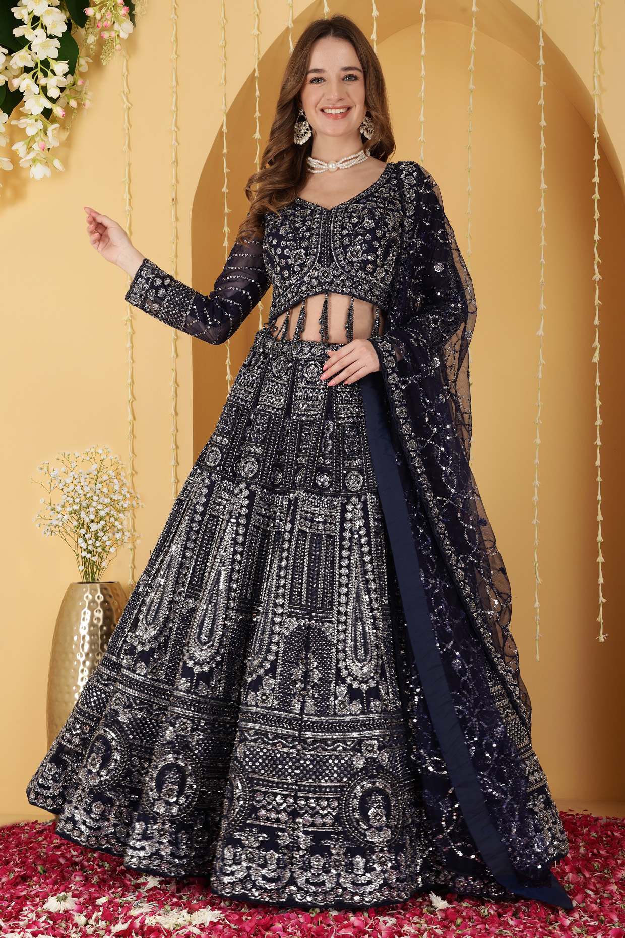 Milu Madan Dark Blue Double Net Sequin Embroidered Lehenga Set