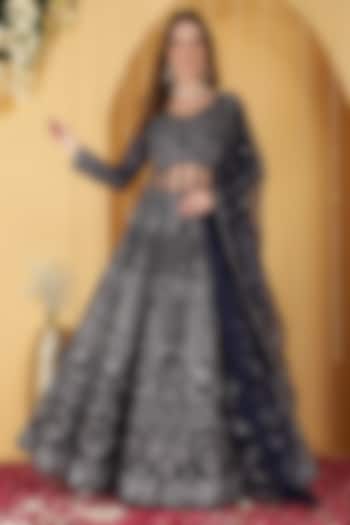 Dark Blue Double Net Sequin Embroidered Wedding Lehenga Set by Milu Madan at Pernia's Pop Up Shop