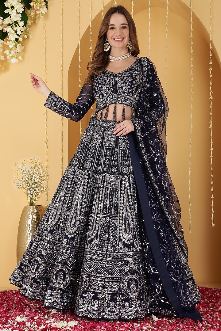 Dark Blue Double Net Sequin Embroidered Wedding Lehenga Set by Milu Madan at Pernia's Pop Up Shop