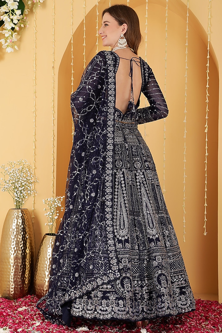 Dark Blue Double Net Sequin Embroidered Wedding Lehenga Set by Milu Madan at Pernia's Pop Up Shop