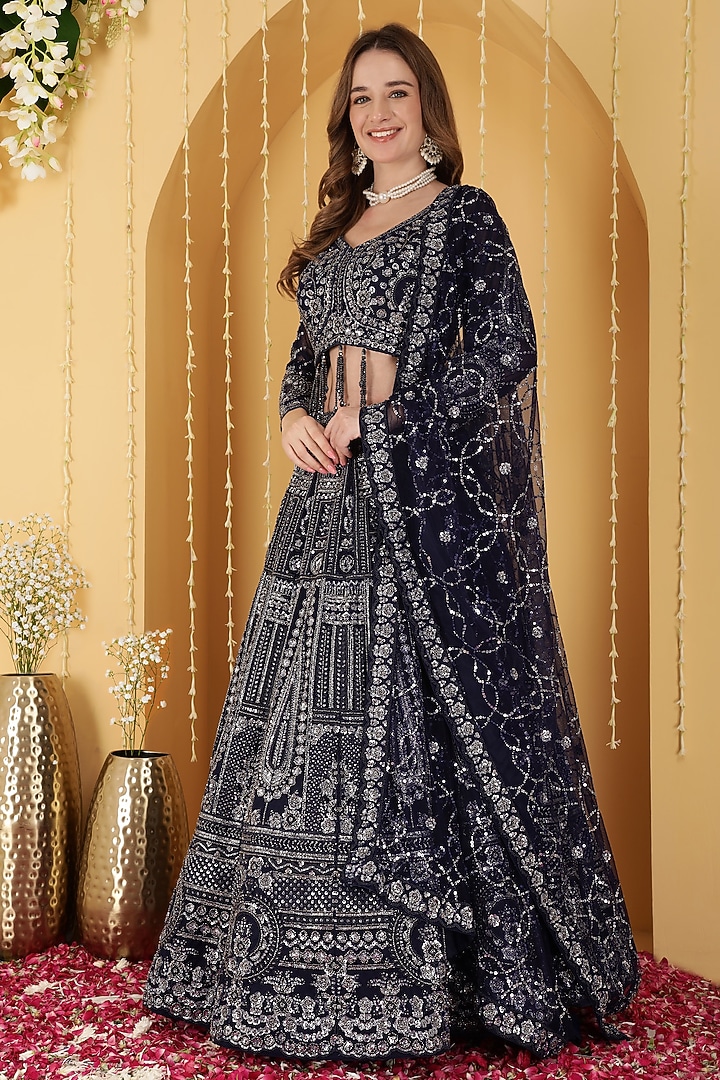 Dark Blue Double Net Sequin Embroidered Wedding Lehenga Set by Milu Madan at Pernia's Pop Up Shop