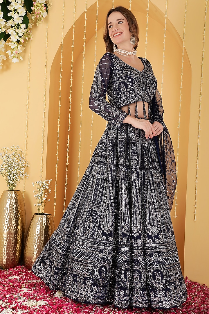 Dark Blue Double Net Sequin Embroidered Wedding Lehenga Set by Milu Madan at Pernia's Pop Up Shop