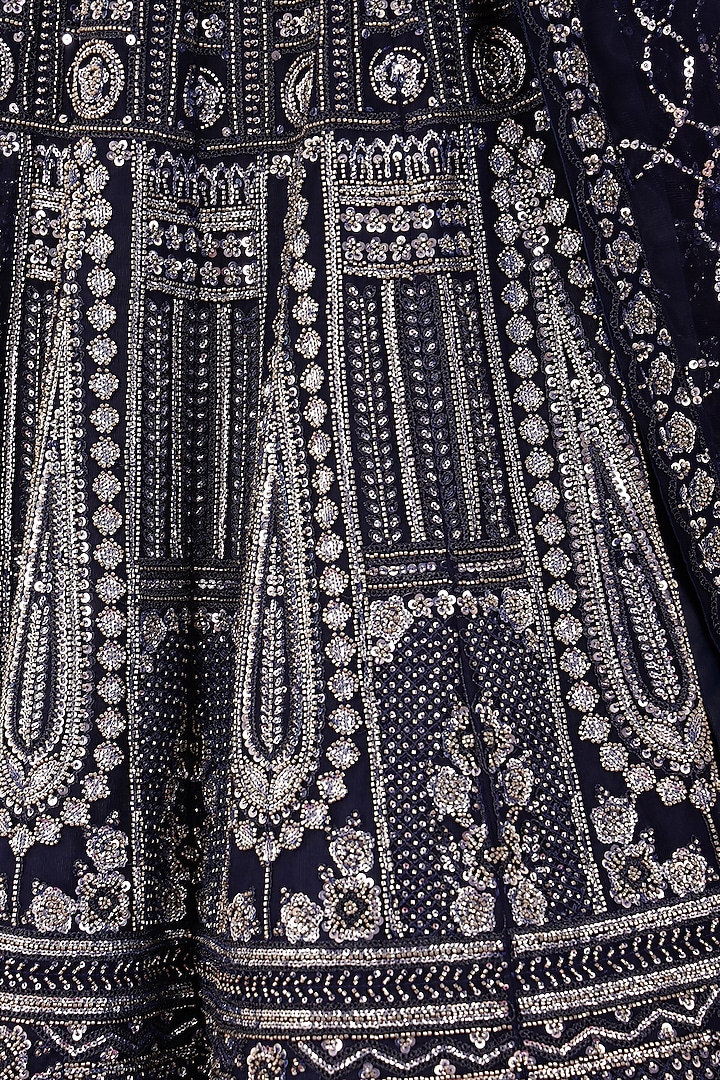 Dark Blue Double Net Sequin Embroidered Wedding Lehenga Set by Milu Madan at Pernia's Pop Up Shop