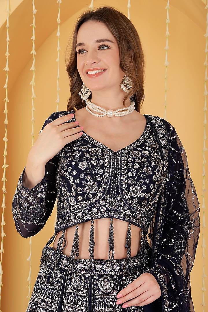 Dark Blue Double Net Sequin Embroidered Wedding Lehenga Set by Milu Madan at Pernia's Pop Up Shop