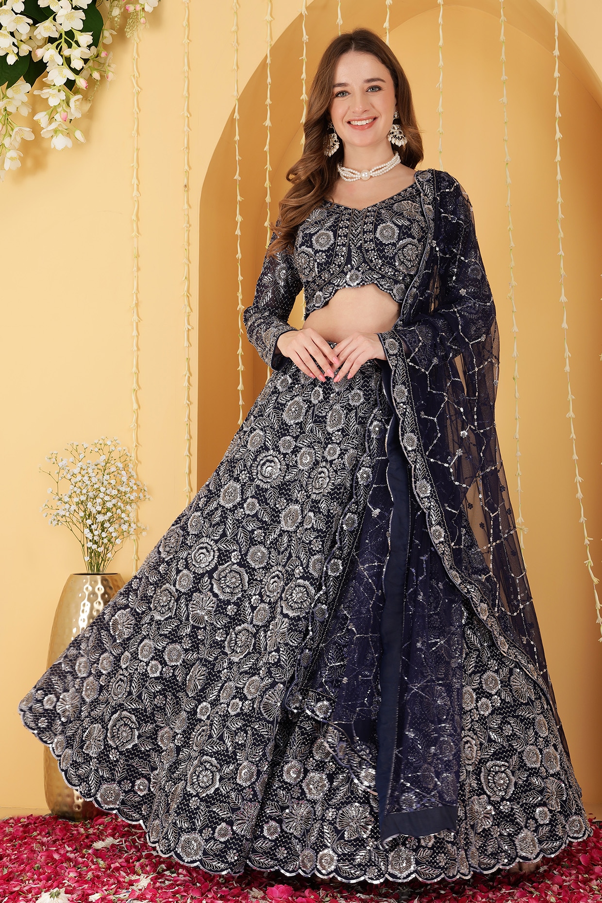 Milu Madan Navy Blue Double Net Cutdana Embroidered Lehenga Set