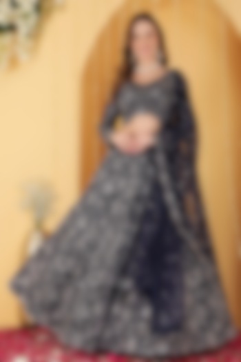 Navy Blue Double Net Cutdana Embroidered Wedding Lehenga Set by Milu Madan at Pernia's Pop Up Shop