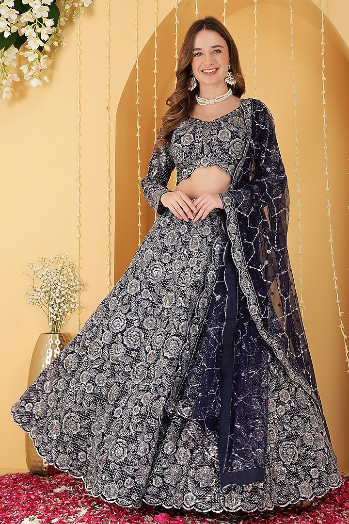 Navy Blue Double Net Cutdana Embroidered Wedding Lehenga Set by Milu Madan at Pernia's Pop Up Shop