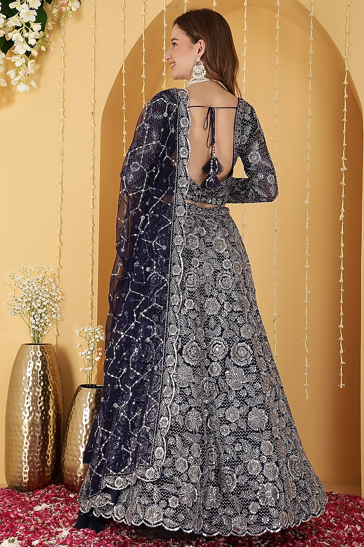 Navy Blue Double Net Cutdana Embroidered Wedding Lehenga Set by Milu Madan at Pernia's Pop Up Shop