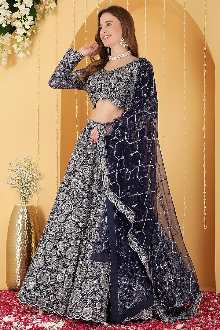 Navy Blue Double Net Cutdana Embroidered Wedding Lehenga Set by Milu Madan at Pernia's Pop Up Shop