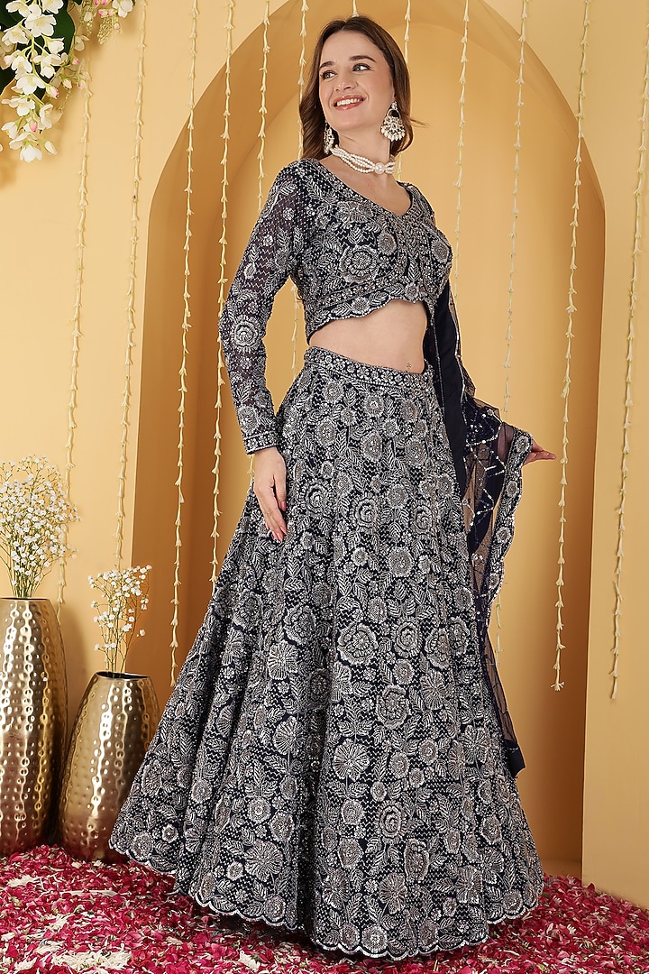 Navy Blue Double Net Cutdana Embroidered Wedding Lehenga Set by Milu Madan at Pernia's Pop Up Shop