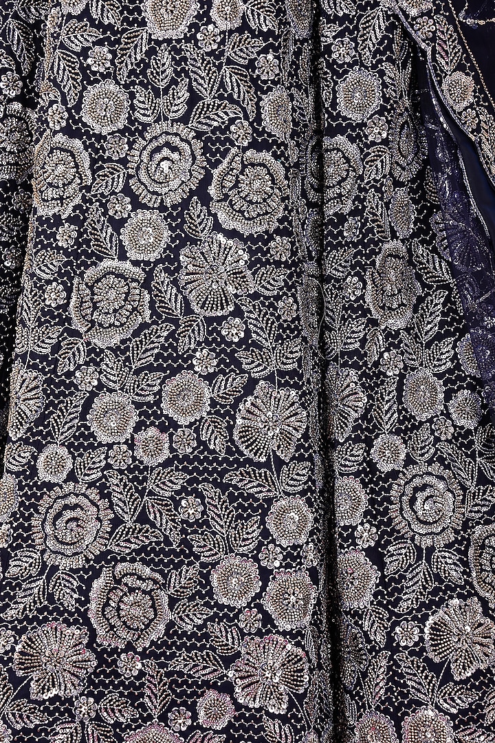 Navy Blue Double Net Cutdana Embroidered Wedding Lehenga Set by Milu Madan at Pernia's Pop Up Shop