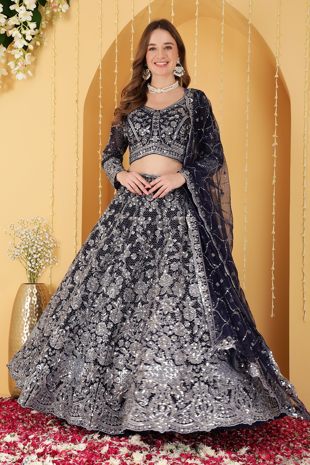 Milu Madan Deep Blue Double Net Bead Hand Embroidered Lehenga Set