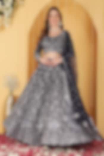 Deep Blue Double Net Bead Hand Embroidered Wedding Lehenga Set by Milu Madan at Pernia's Pop Up Shop