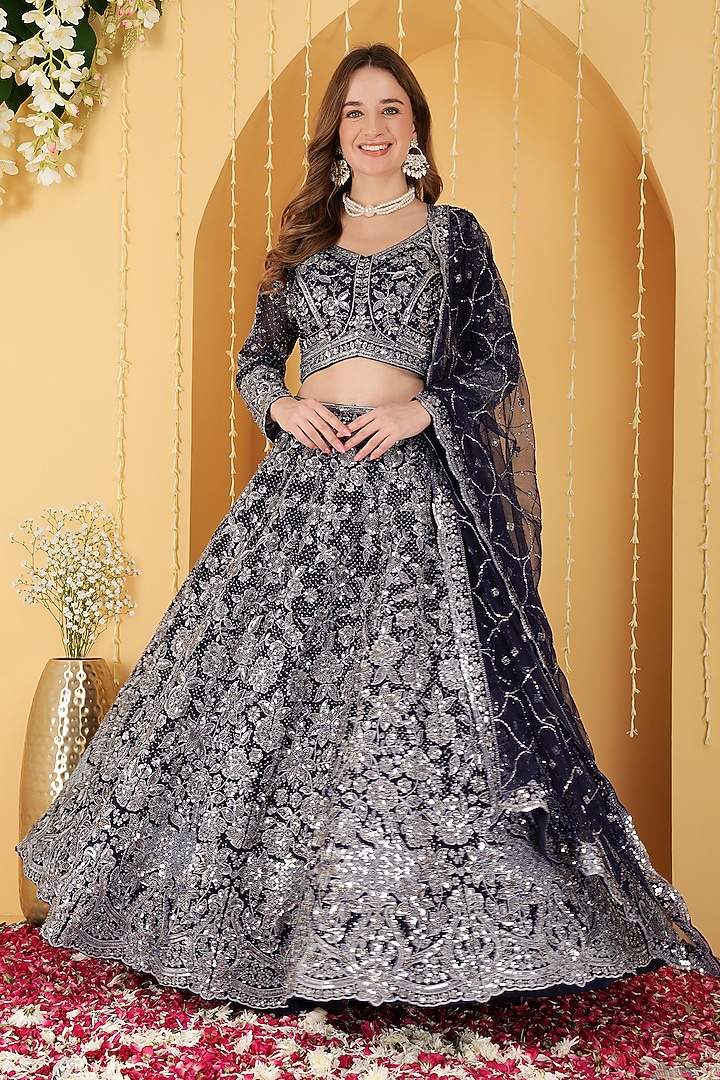 Deep Blue Double Net Bead Hand Embroidered Wedding Lehenga Set by Milu Madan at Pernia's Pop Up Shop