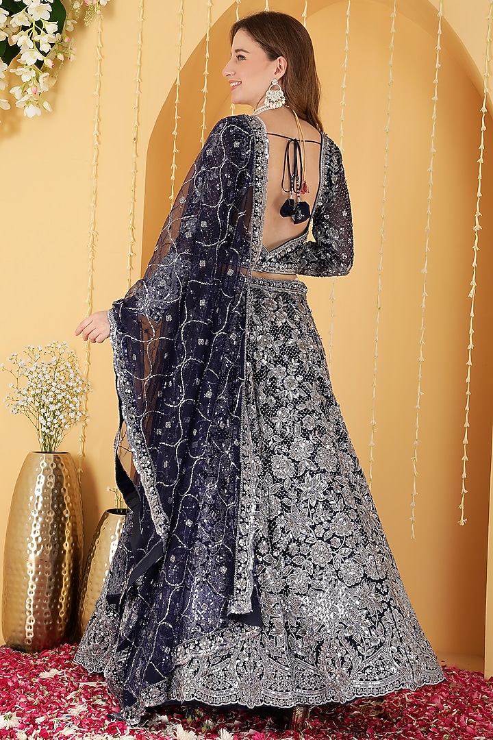 Deep Blue Double Net Bead Hand Embroidered Wedding Lehenga Set by Milu Madan at Pernia's Pop Up Shop